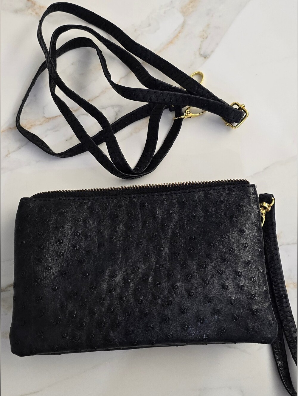 Black Ostrich-Texture Crossbody Bag with Gold Hardware